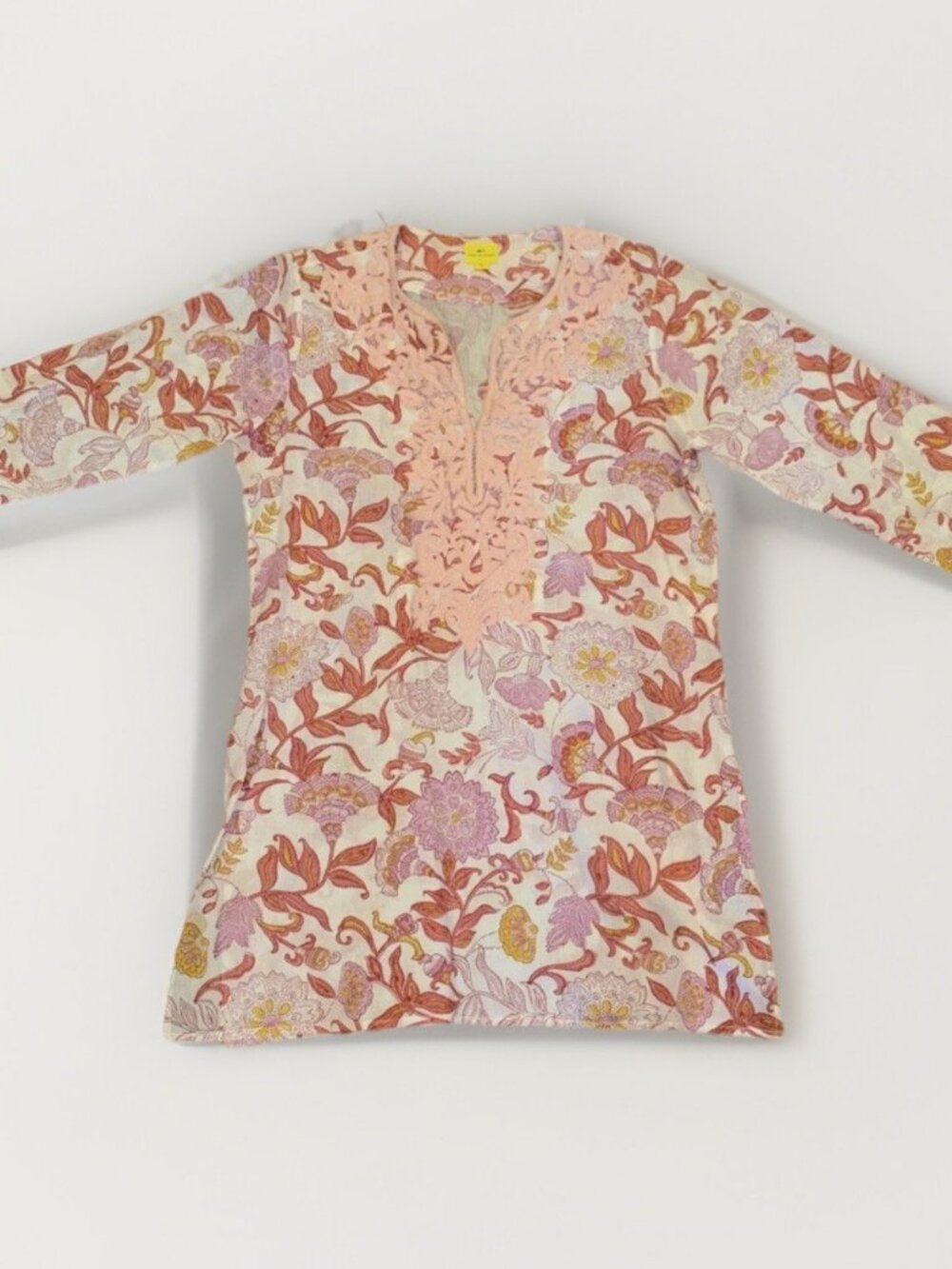 Roberta Roller Rabbit Pink Kurta Tunic Top w/Lush Pink Floral Embroidery Medium